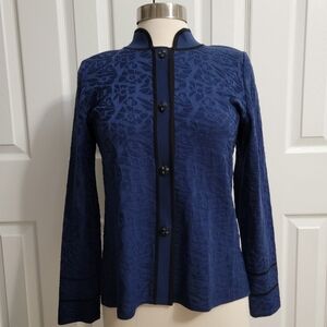 Misook Knit 4- Button Jacket, Floral Navy Black, Women's Size XS